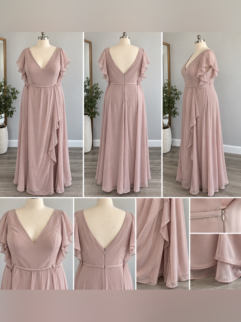 David’s Bridal 2X Dusty Rose Chiffon Flutter Sleeve Maxi Dress Gown